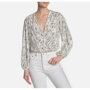 ASTR the Label White Floral‎ Print Long Sleeve Surplice Blouse Top Large